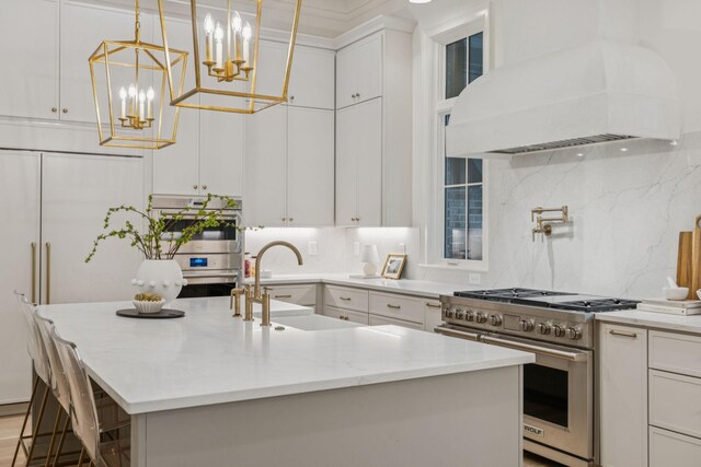 9314 Double Run Ct, College Grove, TN 37046 - kitchen featuring stainless steel appliances, custom range hood, a sink, and backsplash