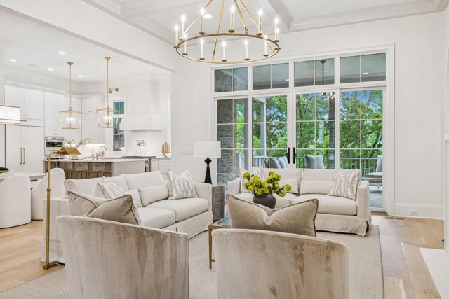 9314 Double Run Ct, College Grove, TN 37046 - living area with a chandelier, ornamental molding, light wood finished floors, recessed lighting, and baseboards