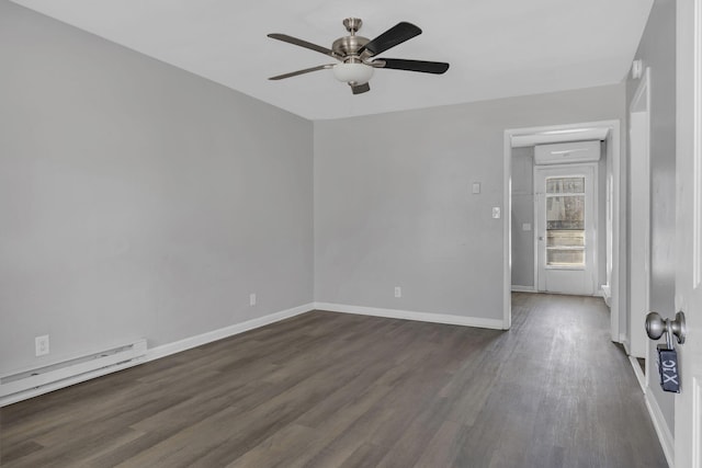 123 S Sam Davis Ave, Pulaski, TN 38478 - empty room featuring a baseboard radiator, dark wood finished floors, a ceiling fan, and baseboards