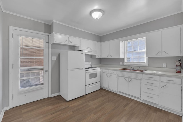 123 S Sam Davis Ave, Pulaski, TN 38478 - kitchen with white appliances, a sink, crown molding, light countertops, and dark wood-style floors