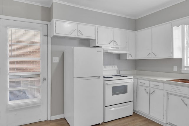 123 S Sam Davis Ave, Pulaski, TN 38478 - kitchen featuring white appliances, under cabinet range hood, light countertops, white cabinetry, and ornamental molding
