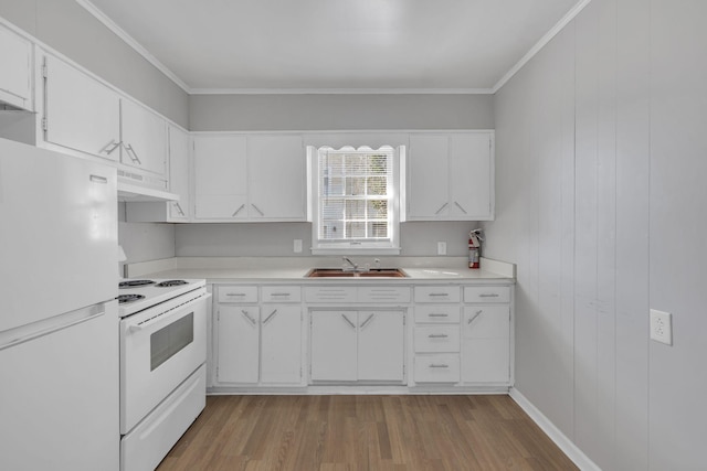 123 S Sam Davis Ave, Pulaski, TN 38478 - kitchen featuring white appliances, a sink, light countertops, light wood-style flooring, and white cabinets