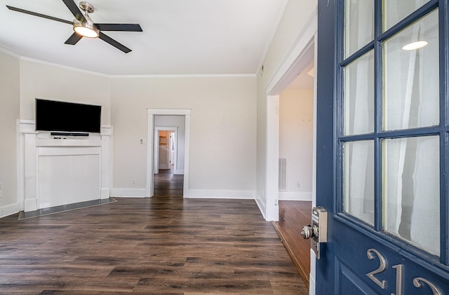 213 Maple St, Bell Buckle, TN 37020 - foyer entrance with crown molding, ceiling fan, baseboards, and dark wood finished floors