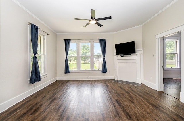 213 Maple St, Bell Buckle, TN 37020 - unfurnished living room featuring a ceiling fan, dark wood-type flooring, ornamental molding, and baseboards