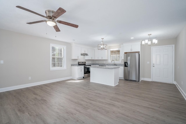 201 Welker Rd, Cedar Hill, TN 37032 - kitchen featuring stainless steel appliances, a chandelier, under cabinet range hood, open floor plan, and healthy amount of natural light