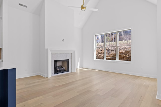 4712 Dempsey Way, Chattanooga, TN 37419 - unfurnished living room with high vaulted ceiling, light wood-style flooring, a fireplace, ceiling fan, and baseboards