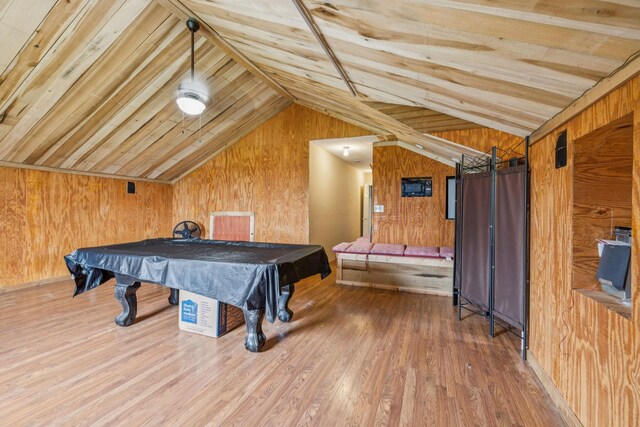 834 Union Camp Rd, Lafayette, TN 37083 - rec room featuring lofted ceiling, wood walls, wood finished floors, wood ceiling, and billiards table