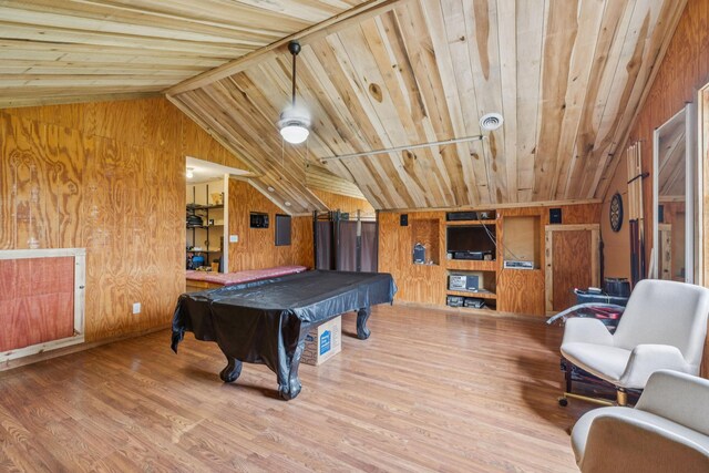 834 Union Camp Rd, Lafayette, TN 37083 - recreation room with wood walls, wooden ceiling, vaulted ceiling, wood finished floors, and billiards table