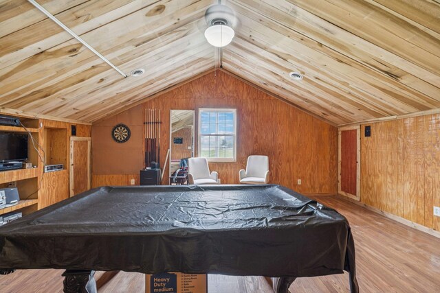 834 Union Camp Rd, Lafayette, TN 37083 - playroom with lofted ceiling, wood walls, billiards, and wood finished floors