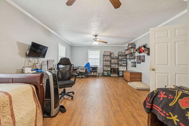 834 Union Camp Rd, Lafayette, TN 37083 - bedroom with wood finished floors, ornamental molding, a textured ceiling, and ceiling fan