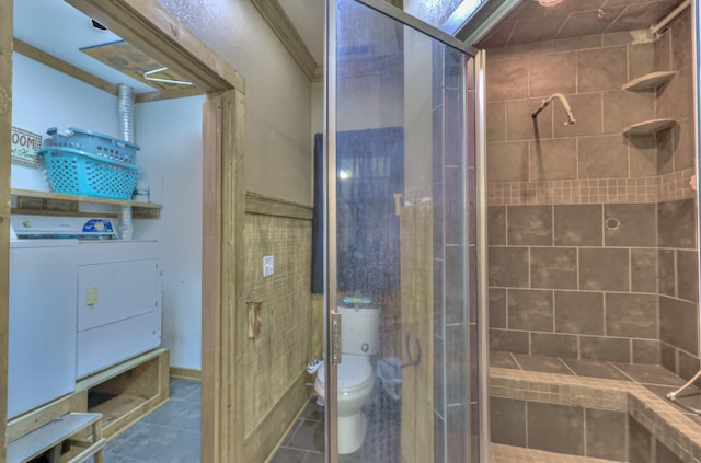 417 Haskins Chapel Rd, Lewisburg, TN 37091 - bathroom with a shower stall, toilet, tile patterned floors, and washer / clothes dryer