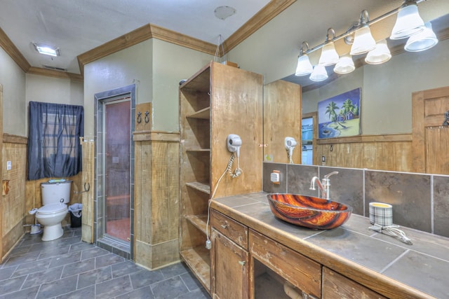 417 Haskins Chapel Rd, Lewisburg, TN 37091 - full bathroom featuring crown molding, vanity, toilet, tile walls, and a wainscoted wall