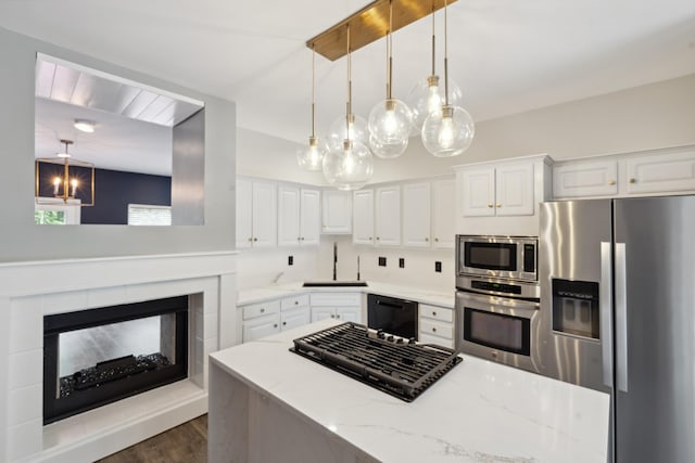 127 Carriage Ct, Brentwood, TN 37027 - kitchen featuring stainless steel appliances, a sink, a glass covered fireplace, and white cabinetry
