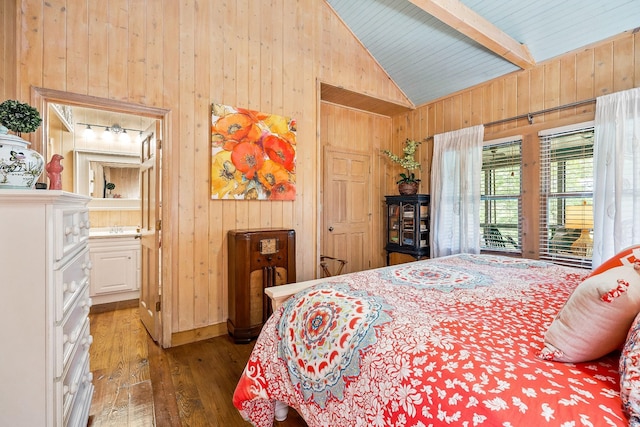 2541 Sparkmantown Rd, Doyle, TN 38559 - bedroom featuring wooden walls, hardwood / wood-style flooring, beamed ceiling, high vaulted ceiling, and ensuite bath