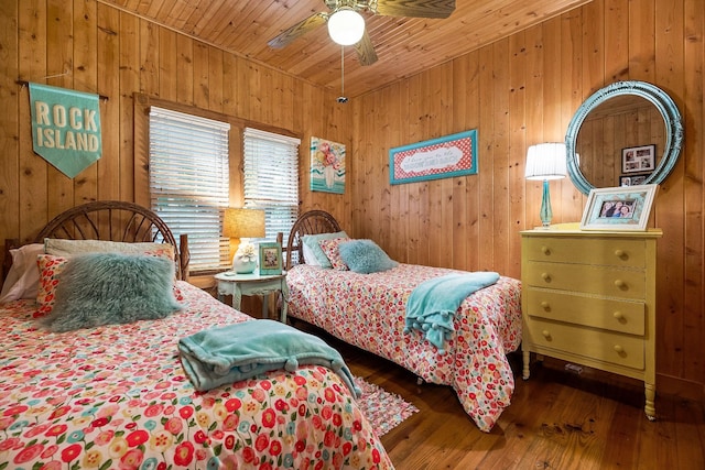 2541 Sparkmantown Rd, Doyle, TN 38559 - bedroom featuring wooden ceiling, wood walls, hardwood / wood-style flooring, and ceiling fan