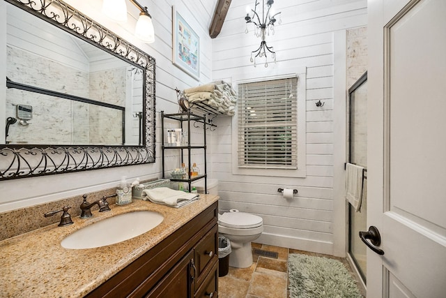 2541 Sparkmantown Rd, Doyle, TN 38559 - bathroom featuring stone tile flooring, wood walls, vanity, a shower stall, and beamed ceiling