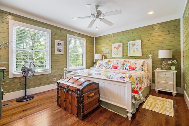 2541 Sparkmantown Rd, Doyle, TN 38559 - bedroom featuring hardwood / wood-style flooring, wood walls, a ceiling fan, and recessed lighting