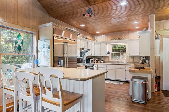 2541 Sparkmantown Rd, Doyle, TN 38559 - kitchen with wood ceiling, appliances with stainless steel finishes, white cabinetry, dark wood-style floors, and backsplash
