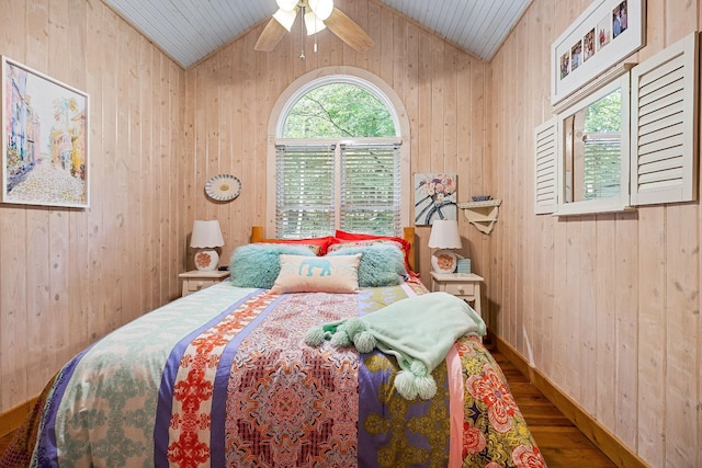 2541 Sparkmantown Rd, Doyle, TN 38559 - bedroom featuring wood finished floors, wood walls, vaulted ceiling, wood ceiling, and ceiling fan