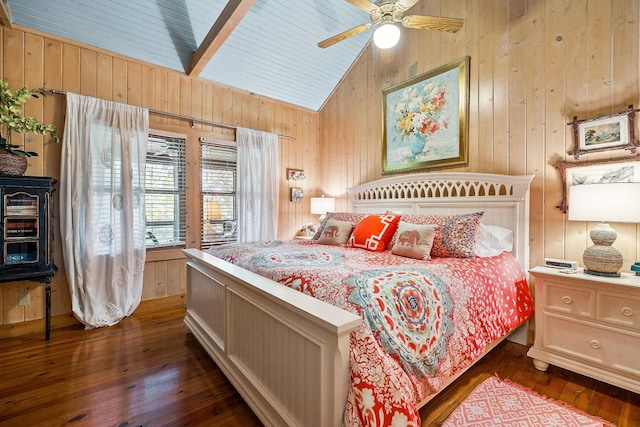 2541 Sparkmantown Rd, Doyle, TN 38559 - bedroom with wood walls, dark wood-type flooring, ceiling fan, high vaulted ceiling, and wood ceiling