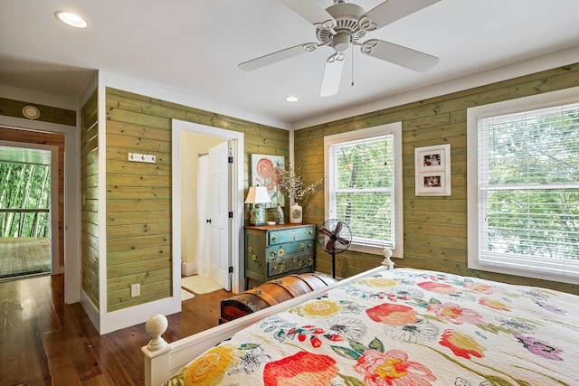 2541 Sparkmantown Rd, Doyle, TN 38559 - bedroom with wood finished floors, wooden walls, recessed lighting, and a ceiling fan