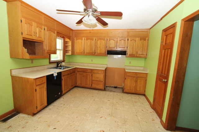 680 Oak Grove Rd, Goodspring, TN 38460 - kitchen featuring black dishwasher, open shelves, a sink, light floors, and a ceiling fan