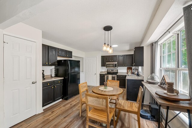 2930 Charlie Sleigh Rd, Woodlawn, TN 37191 - kitchen featuring appliances with stainless steel finishes, tasteful backsplash, light countertops, light wood-style flooring, and pendant lighting