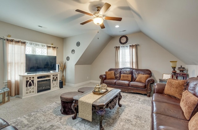 1105 Kittywood Ct, Murfreesboro, TN 37129 - living room featuring a ceiling fan, vaulted ceiling, and carpet flooring