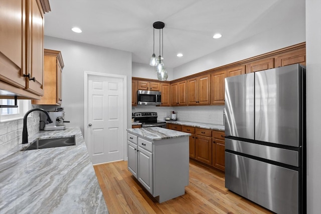 6523 Brigade Ln, Hixson, TN 37343 - kitchen featuring appliances with stainless steel finishes, a sink, backsplash, brown cabinetry, and recessed lighting
