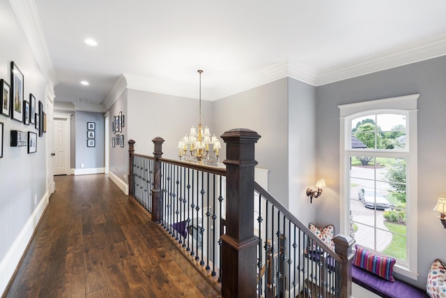 8255 Jamie Ct, Brentwood, TN 37027 - hallway featuring a chandelier, an upstairs landing, hardwood / wood-style floors, recessed lighting, and baseboards