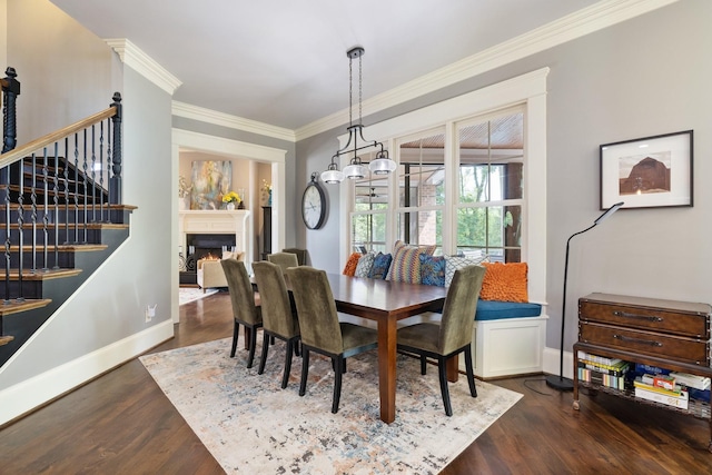 8255 Jamie Ct, Brentwood, TN 37027 - dining space featuring stairway, dark wood-style floors, crown molding, a warm lit fireplace, and baseboards