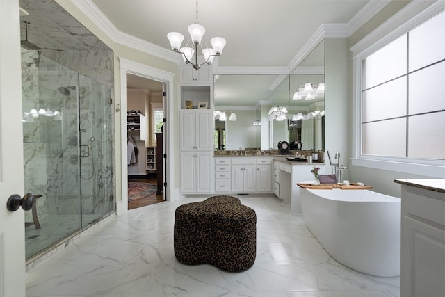 8255 Jamie Ct, Brentwood, TN 37027 - full bath with a chandelier, a marble finish shower, marble finish floors, ornamental molding, and vanity