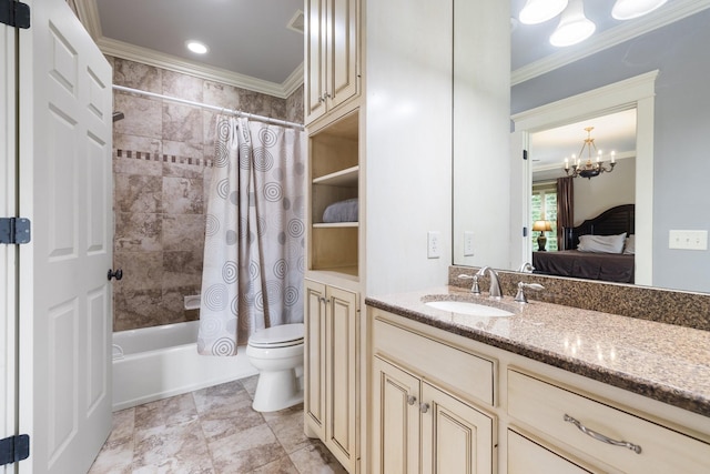 8255 Jamie Ct, Brentwood, TN 37027 - ensuite bathroom with ornamental molding, toilet, vanity, shower / bath combination with curtain, and a chandelier