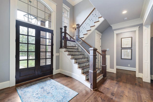 8255 Jamie Ct, Brentwood, TN 37027 - entrance foyer featuring french doors, plenty of natural light, ornamental molding, baseboards, and stairs