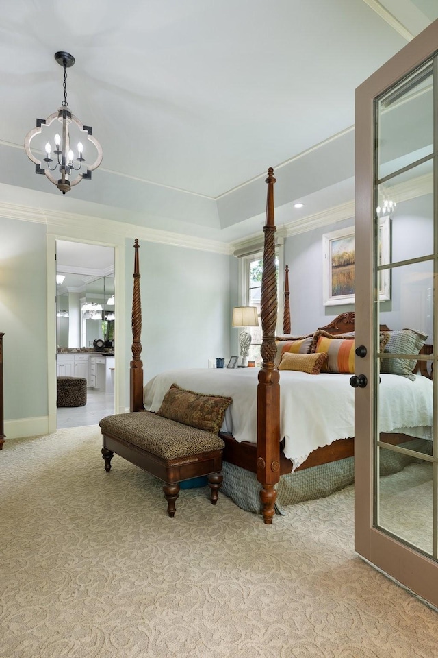 8255 Jamie Ct, Brentwood, TN 37027 - carpeted bedroom featuring a chandelier and ornamental molding