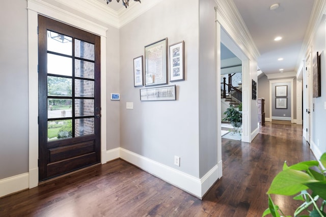 8255 Jamie Ct, Brentwood, TN 37027 - foyer entrance with ornamental molding, dark wood finished floors, baseboards, stairway, and recessed lighting