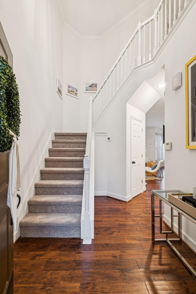 641 Old Hickory Blvd Unit 35, Brentwood, TN 37027 - stairway featuring wood-type flooring, baseboards, ornamental molding, and a high ceiling