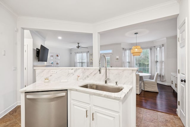 641 Old Hickory Blvd Unit 35, Brentwood, TN 37027 - kitchen featuring stainless steel dishwasher, a sink, light stone counters, white cabinetry, and baseboards