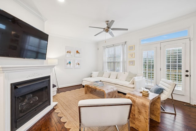 641 Old Hickory Blvd Unit 35, Brentwood, TN 37027 - living area featuring ceiling fan, crown molding, dark wood finished floors, a fireplace, and baseboards