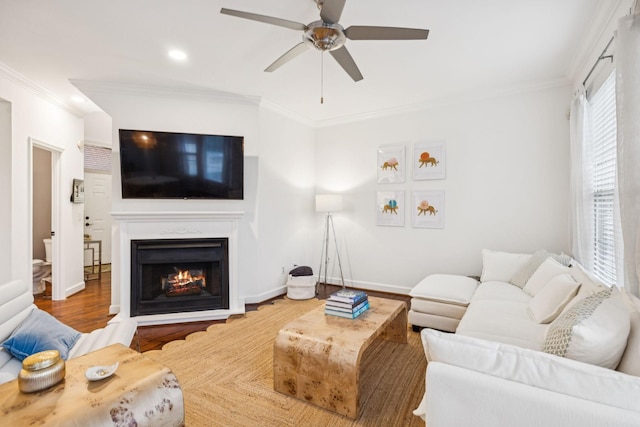 641 Old Hickory Blvd Unit 35, Brentwood, TN 37027 - living room with a ceiling fan, wood finished floors, crown molding, a lit fireplace, and recessed lighting