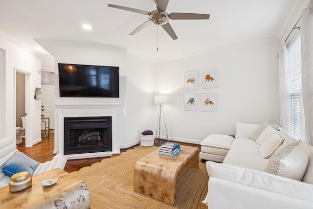 641 Old Hickory Blvd Unit 35, Brentwood, TN 37027 - living room featuring wood finished floors, ceiling fan, ornamental molding, a fireplace, and recessed lighting