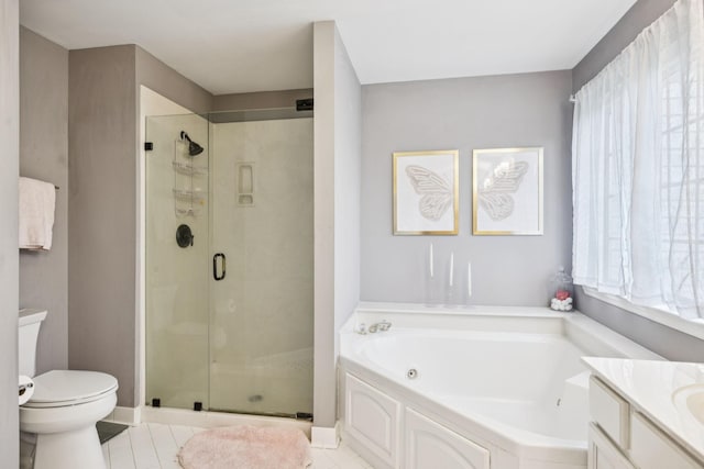 641 Old Hickory Blvd Unit 35, Brentwood, TN 37027 - bathroom with a shower stall, a tub with jets, toilet, tile patterned floors, and vanity
