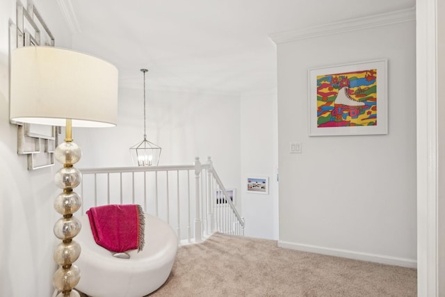 641 Old Hickory Blvd Unit 35, Brentwood, TN 37027 - hallway featuring carpet, an upstairs landing, ornamental molding, a chandelier, and baseboards