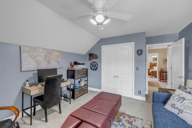 2988 Barnstable Ct, Murfreesboro, TN 37127 - office area featuring ceiling fan, vaulted ceiling, and baseboards