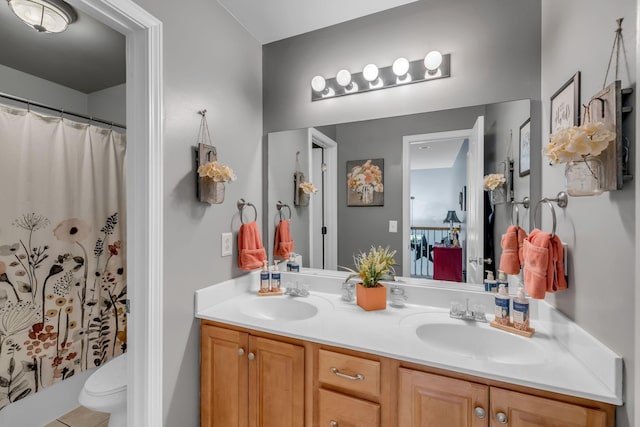 2988 Barnstable Ct, Murfreesboro, TN 37127 - bathroom featuring double vanity, a shower with curtain, and toilet