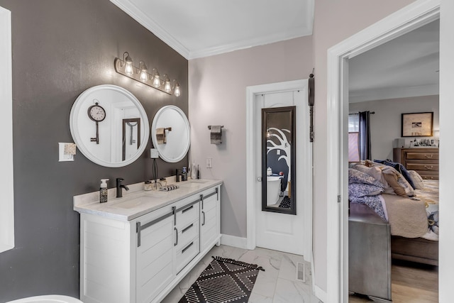 2988 Barnstable Ct, Murfreesboro, TN 37127 - ensuite bathroom with double vanity, crown molding, marble look tile flooring, and baseboards