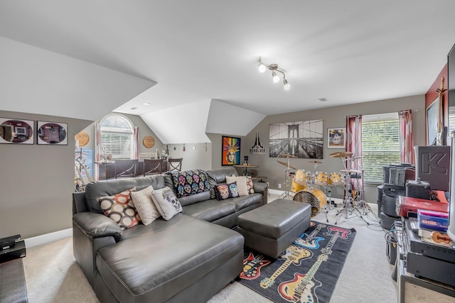 2988 Barnstable Ct, Murfreesboro, TN 37127 - living room featuring carpet flooring, healthy amount of natural light, lofted ceiling, and baseboards