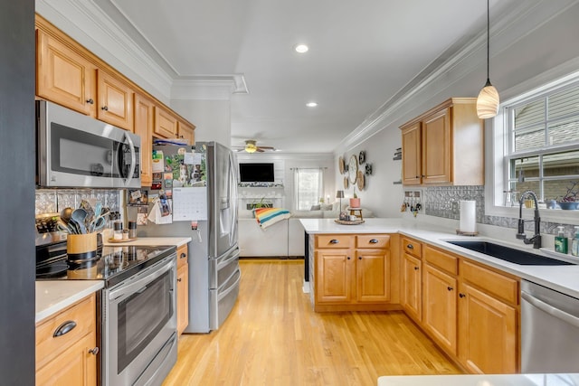 2988 Barnstable Ct, Murfreesboro, TN 37127 - kitchen featuring appliances with stainless steel finishes, a sink, open floor plan, light wood-style flooring, and crown molding