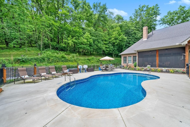 6779 Arno Allisona Rd, College Grove, TN 37046 - view of swimming pool featuring a patio, a sunroom, and outdoor dining space
