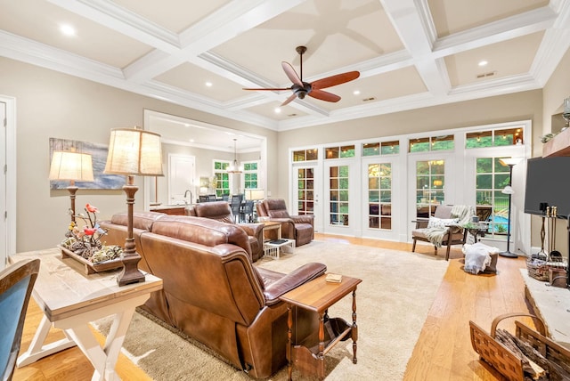 6779 Arno Allisona Rd, College Grove, TN 37046 - living area featuring a ceiling fan, coffered ceiling, wood finished floors, beam ceiling, and crown molding